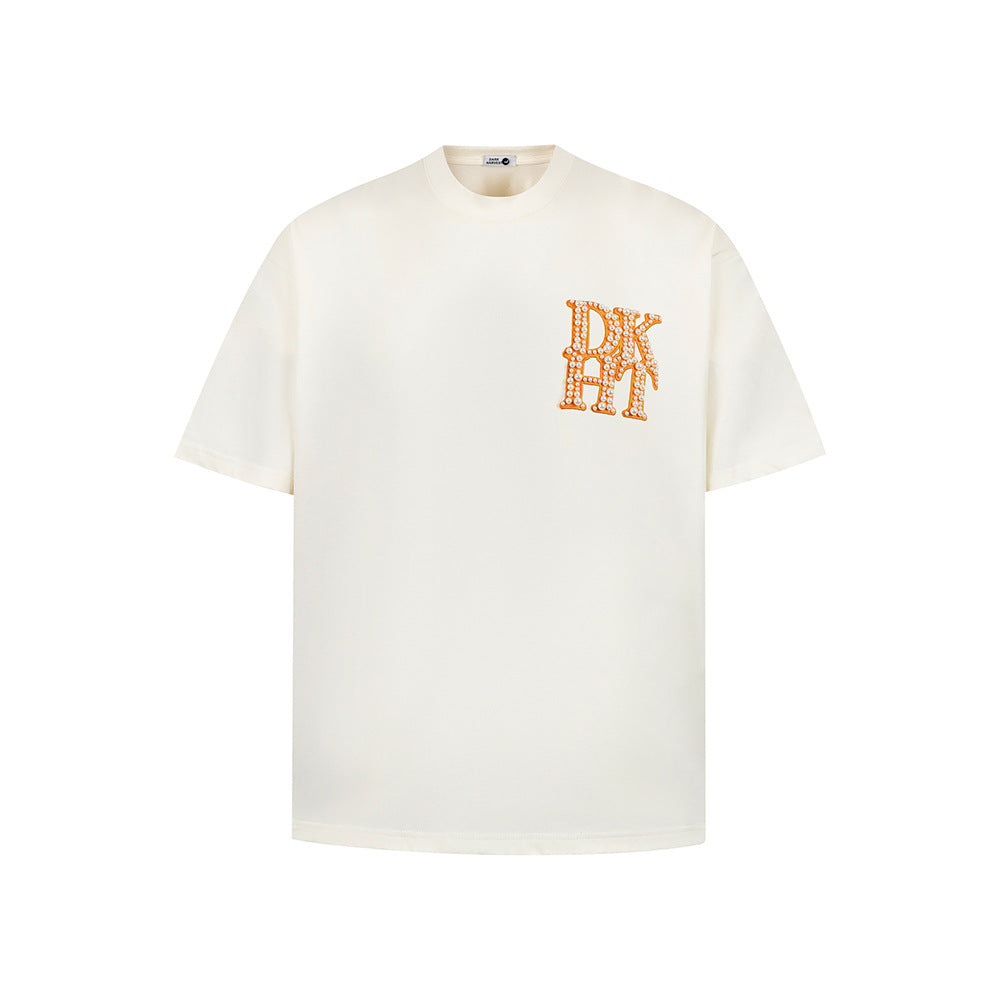 New York Hip Hop Style Pearl Embroidered Short Sleeve T-Shirt
