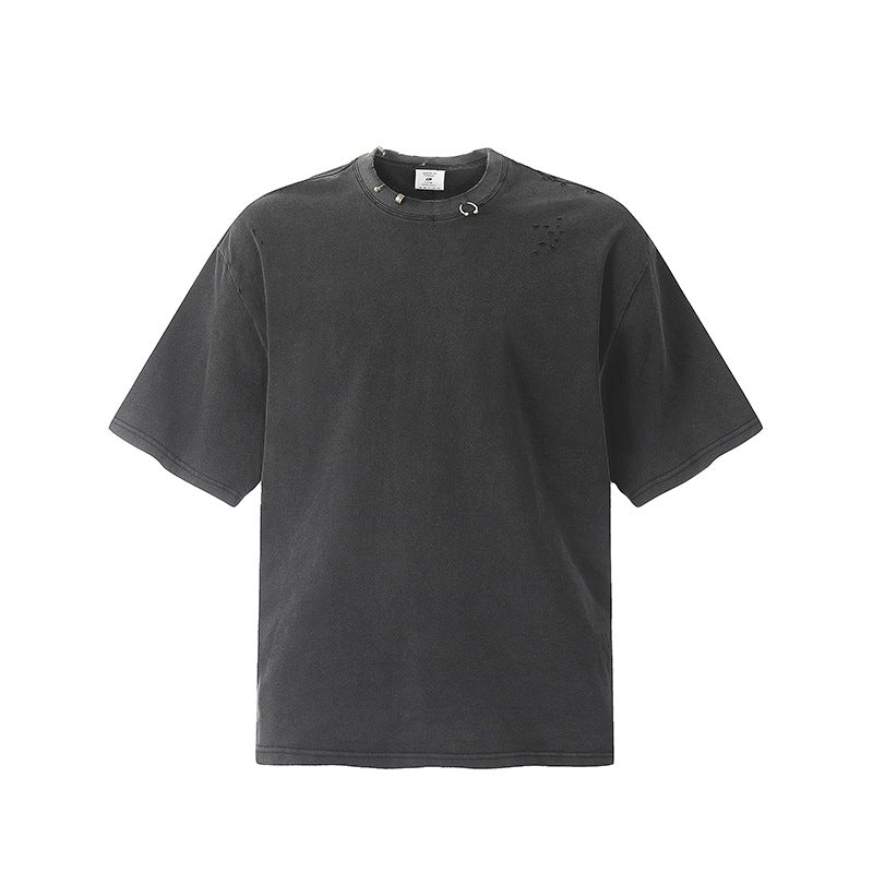 Marcas De Streetwear Vintage Washed Old Ripped Short Sleeve T-Shirt