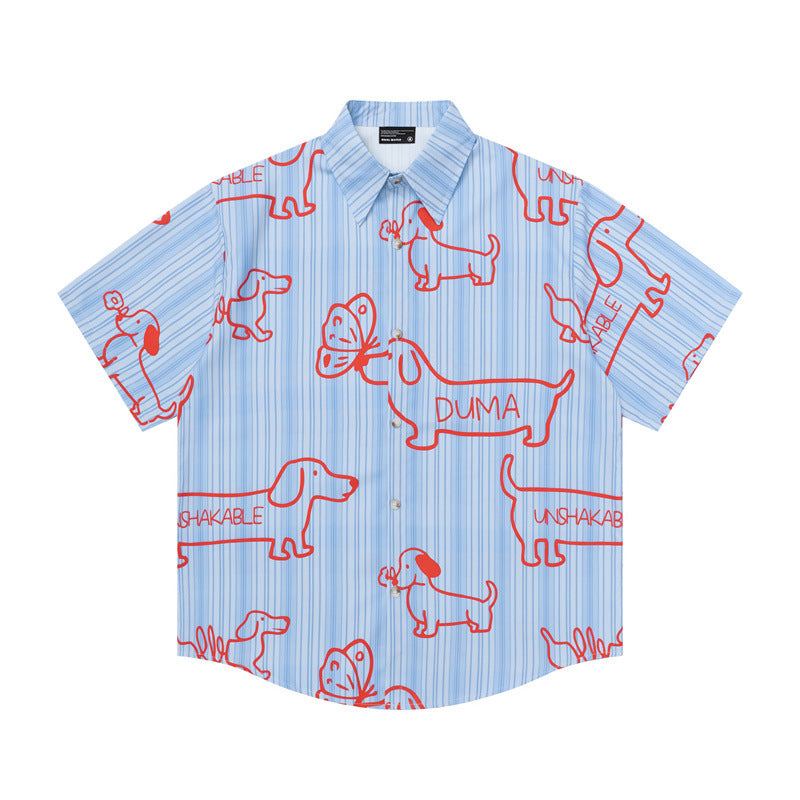 Hip Hop Shirts For Boys Vintage Puppy Print Striped Short Sleeve Shirt