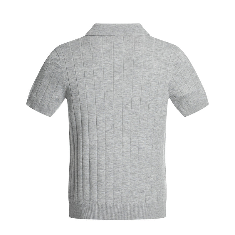 Casual Street Wear Vintage Striped Knitted Sweater V-Neck Short Sleeve POLO Shirt Top