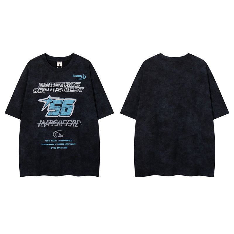 Y2K mens shirt retro washed old letter print T-shirt wide