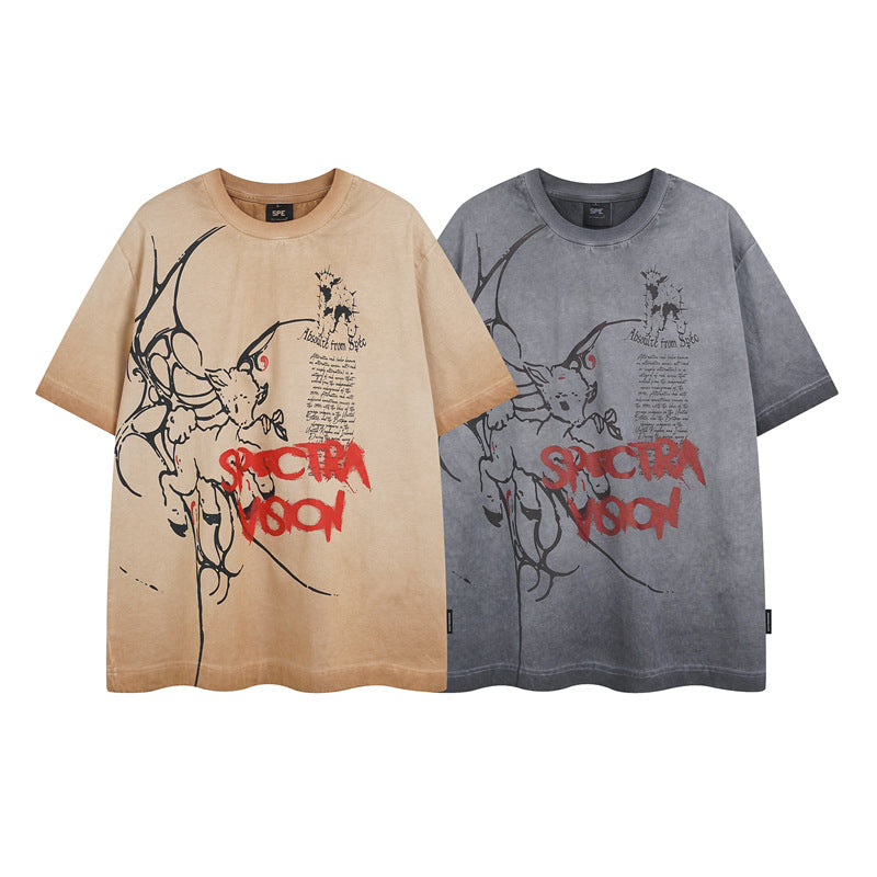 Y2K mens shirt washed tie-dye spray-painted retro round neck short sleeve T