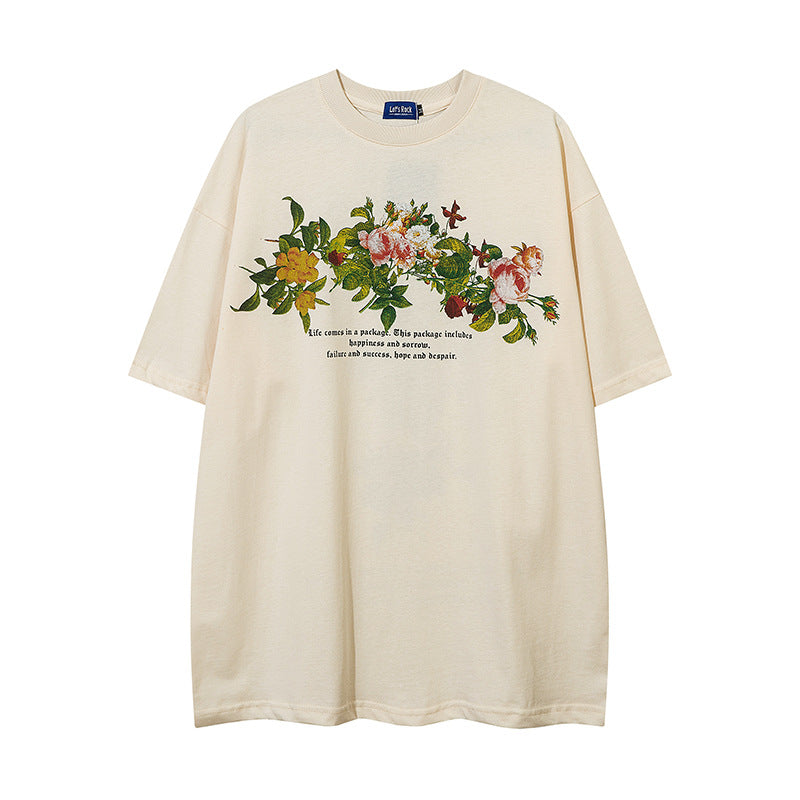 Vintage T Shirts Hip Hop Retro Floral Print Short Sleeve T-Shirt
