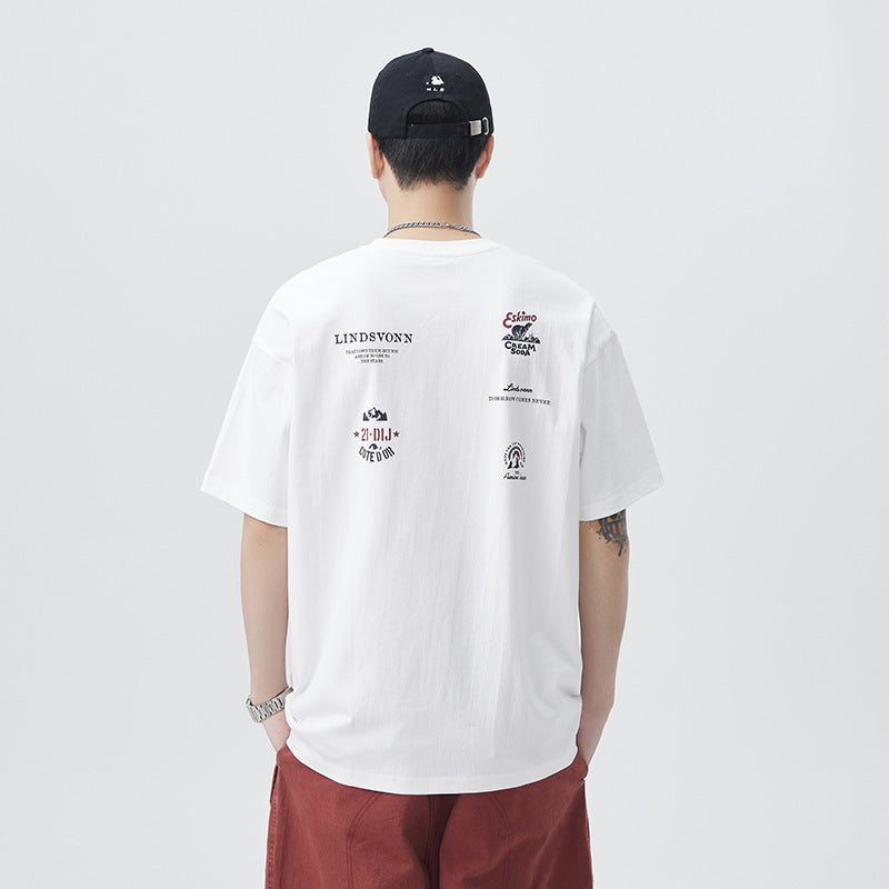 Mens T-shirts vintage print summer loose five-quarter sleeves