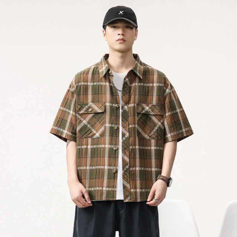 Mens T-shirts Plaid Short Sleeve Shirt Summer Loose
