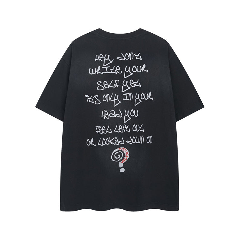 Y2K mens shirt washed loose and old letter question mark printed crew neck T-shirt