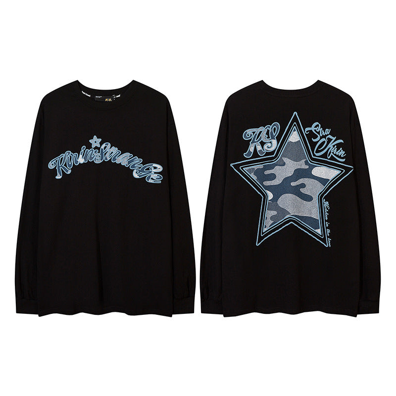 Vintage T Shirts Hip Hop Star Letter Foam Print Long Sleeve T-Shirt