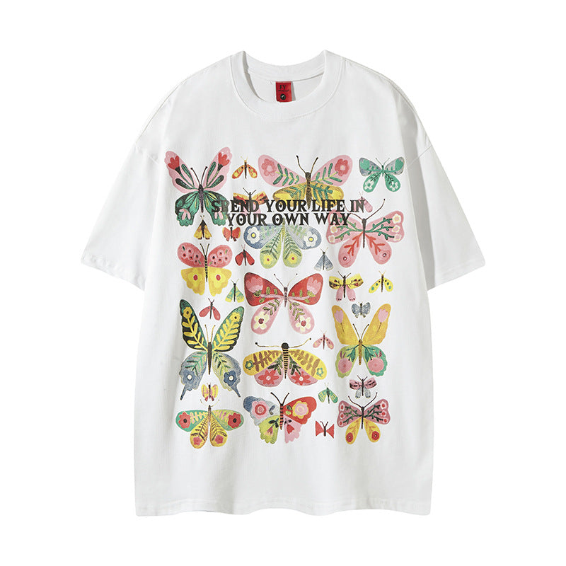 Nostalgia T Shirts Butterfly Print Short Sleeve T-Shirt Hip Hop Loose Crew Neck T-Shirt