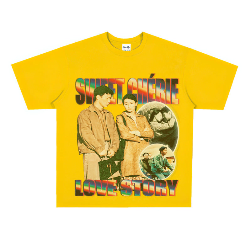 Film Star T Shirt Loose Heavy Retro Street Cotton Small Neckline T-shirt for Men and Women