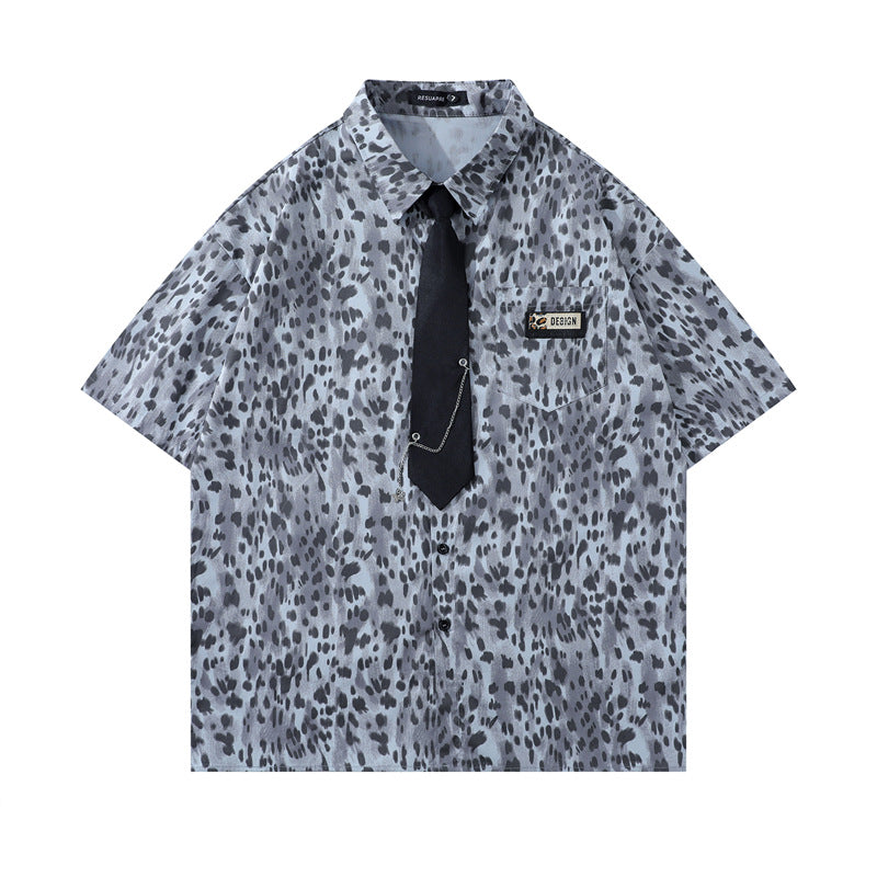 Y2K mens shirt leopard print short sleeve shirt