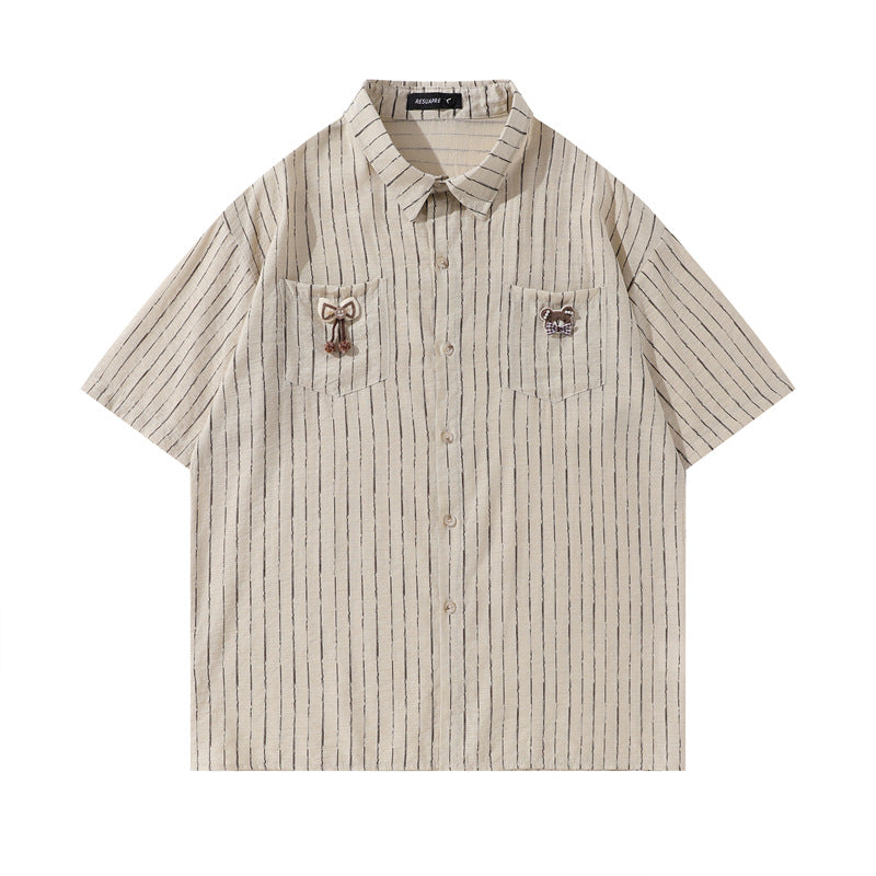 Y2K mens shirt vintage striped tie casual short-sleeved shirt