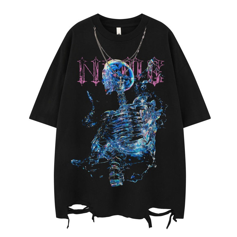 US drip outfits Summer Vintage Skull Print Casual Loose Short Sleeve T-Shirts