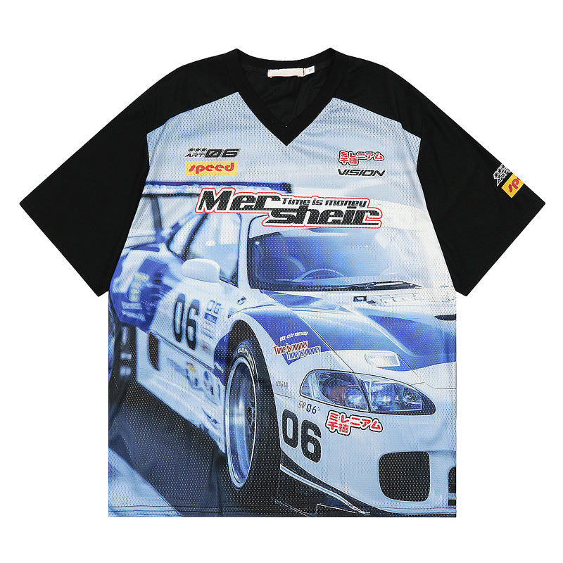 Racing oversized t shirt V-neck racing print mesh shirt T-shirt