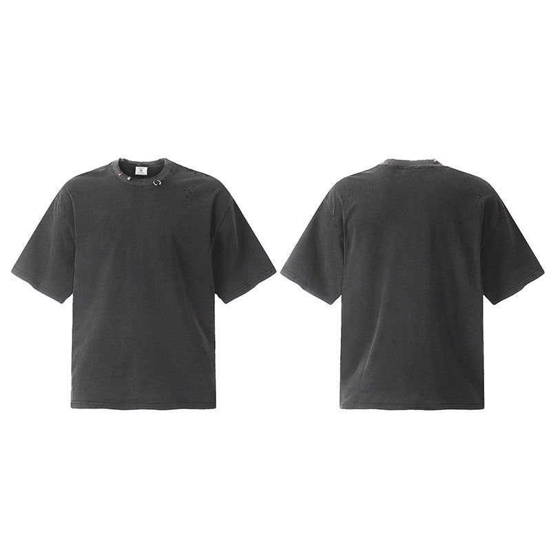 Marcas De Streetwear Vintage Washed Old Ripped Short Sleeve T-Shirt