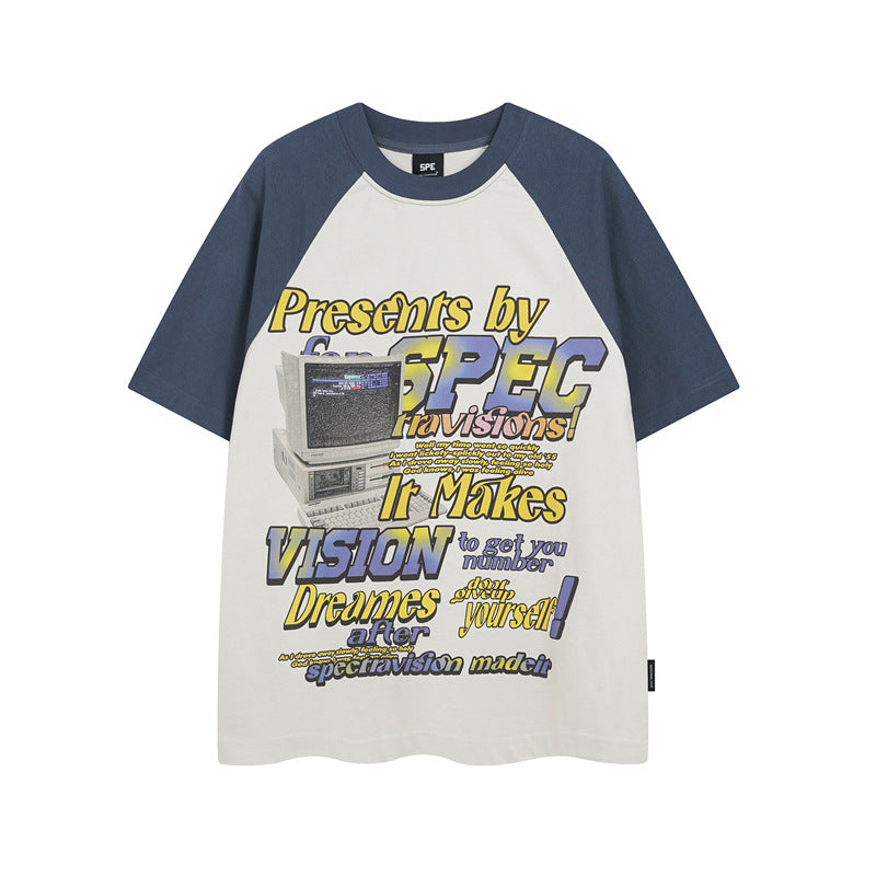Y2K mens shirt washed spray-painted letter stitching retro loose round neck short-sleeved T-shirt