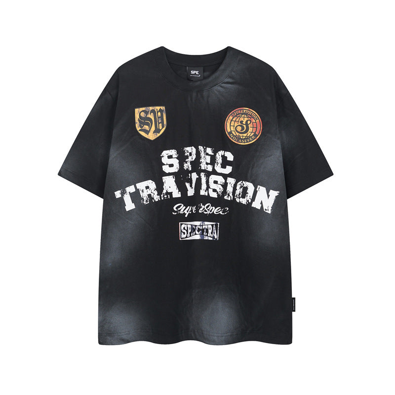 Y2K mens shirt washed tie-dye digital pattern round neck