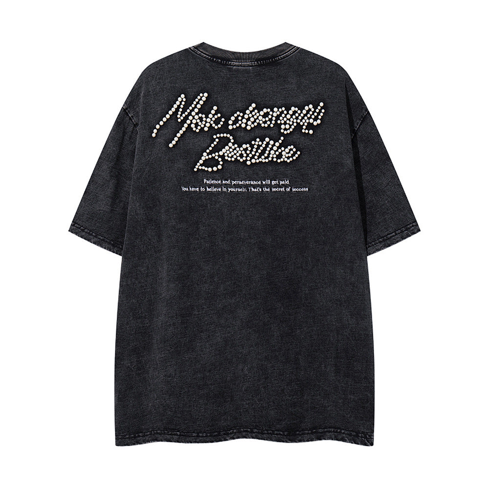 Nostalgia T Shirts Vintage Pearl Letter Short Sleeve T-Shirt Summer Crew Neck Top
