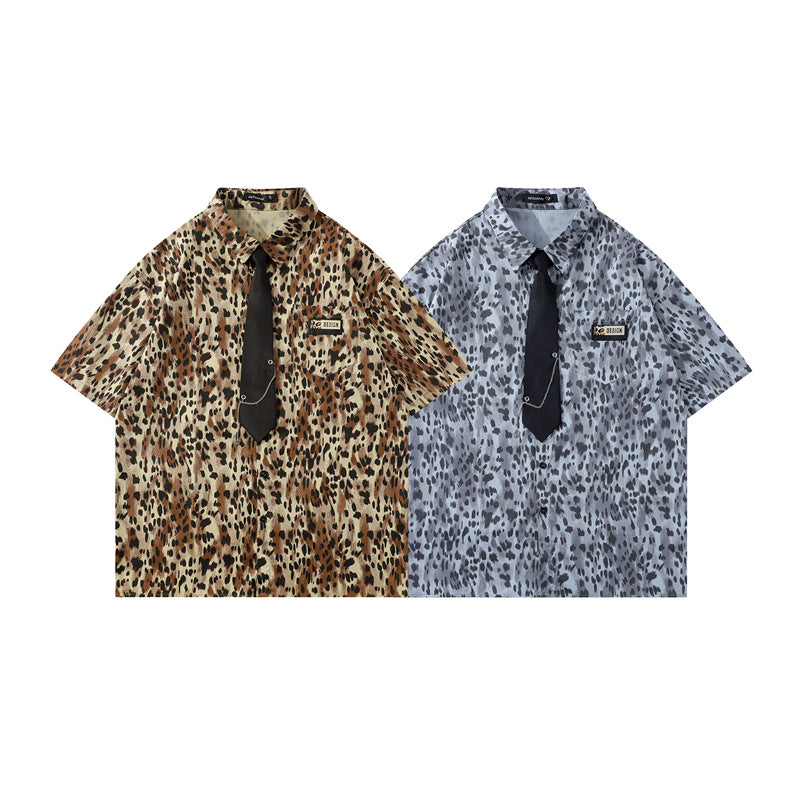 Y2K mens shirt leopard print short sleeve shirt