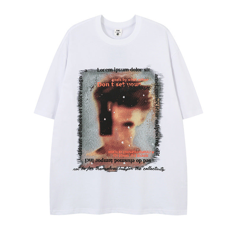US drip outfits Summer Vintage Portrait Print Casual Loose Short Sleeve T-Shirts