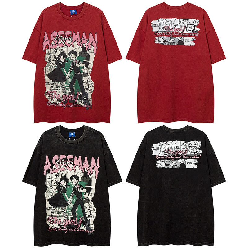 Vintage T Shirts Hip Hop Vintage Cartoon Wash Short Sleeve T-Shirt