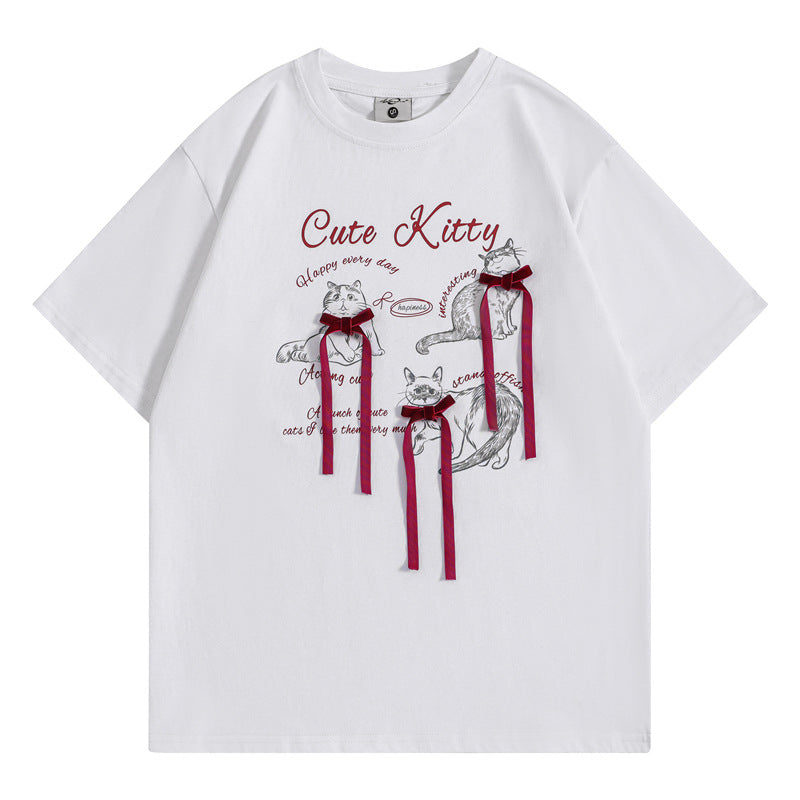 Camisetas streetwear Summer Vintage Kitten Butterfly Tassel Casual Loose Short Sleeve T-Shirt