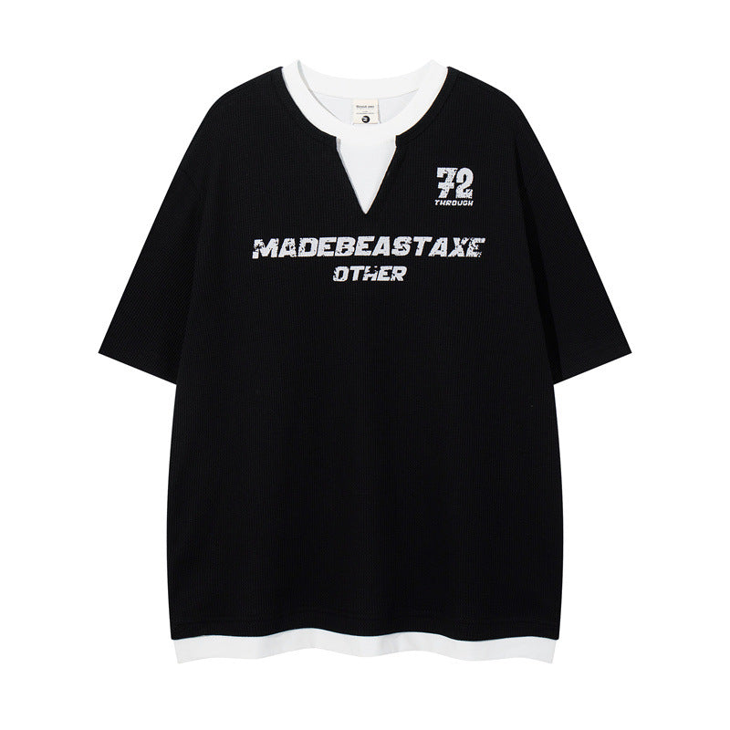 Y2K Mens ShirtT Casual Loose Waffle Crew Neck