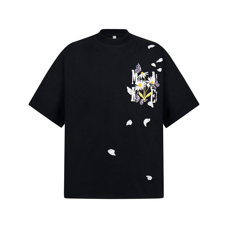 Casual Street Wear Vintage Embroidered Floral Short Sleeve T-Shirt
