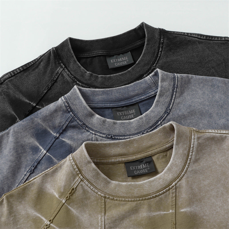 Camisas Retros Vintage Washed Old Spliced T-Shirt Short Sleeve