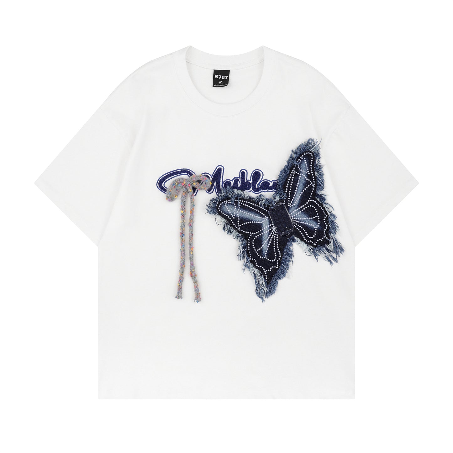 Distorted vintage butterfly embroidered short-sleeved t-shirt