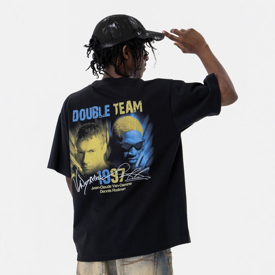 Vintage College Shirts Vintage Hip Hop Portrait Print Crew Neck Short Sleeve T-Shirt