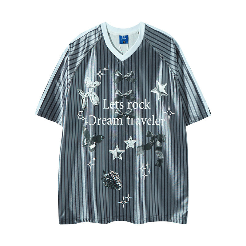 Nyc 1990 Shirt Striped V-Neck Short Sleeve T-Shirt