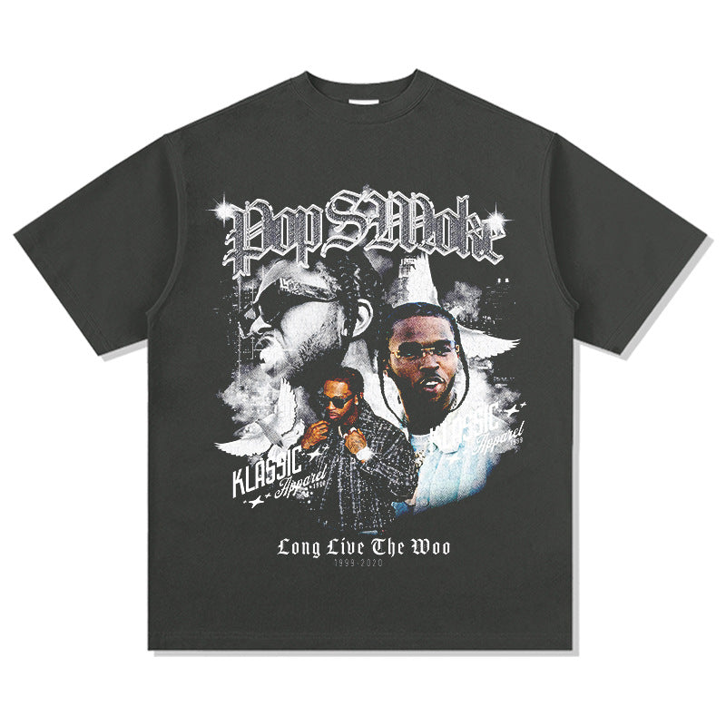 Marcas streetwear usa vintage hip hop pop smoke print short sleeve t-shirt