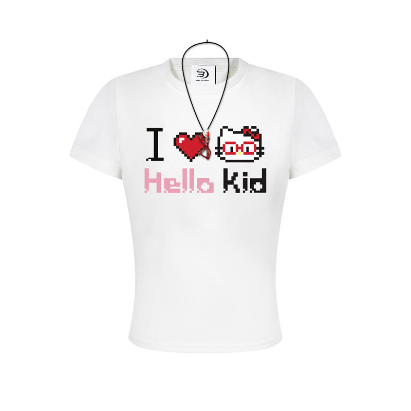 Casual Street Wear cute kitty print alphabet short sleeve t-shirt