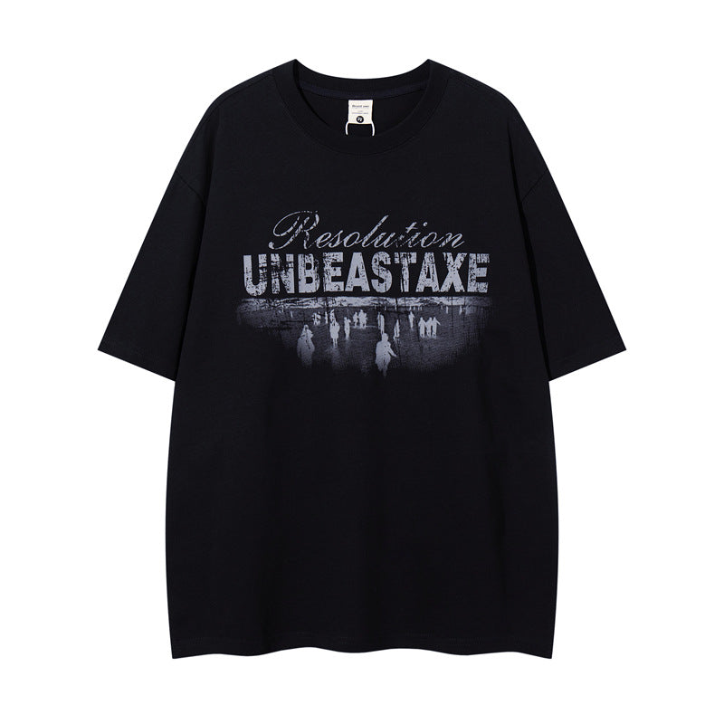 Y2K mens shirt retro loose round neck men's short sleeve T-shirt
