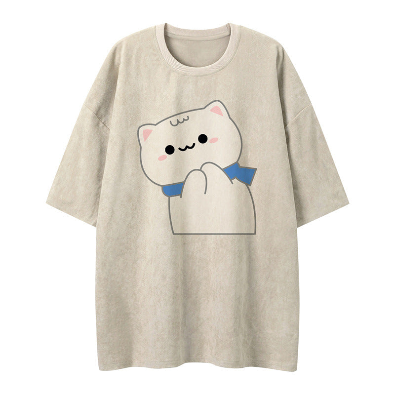 US drip outfits summer vintage kitten print casual loose short sleeve T-Shirts
