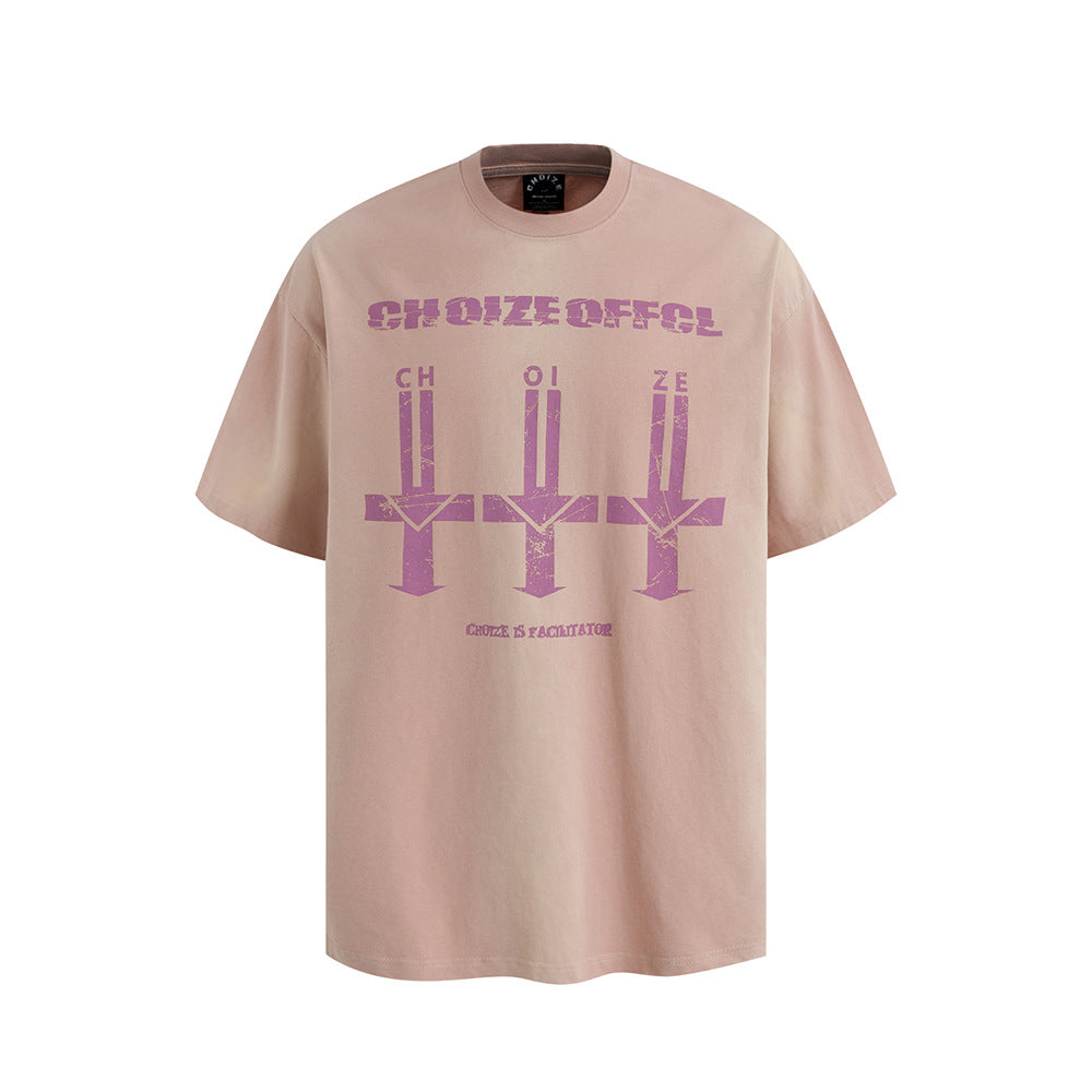 Nostalgia T Shirts Vintage Crew Neck T-Shirt Embroidered Letters Loose Casual
