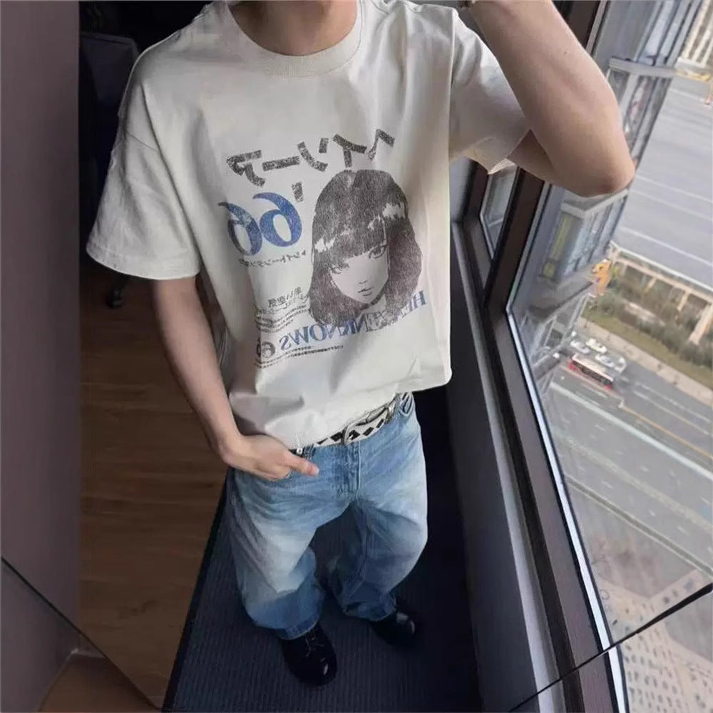 Streetwear Eua t shirt washed old broken edge loose retro short sleeve t-shirt