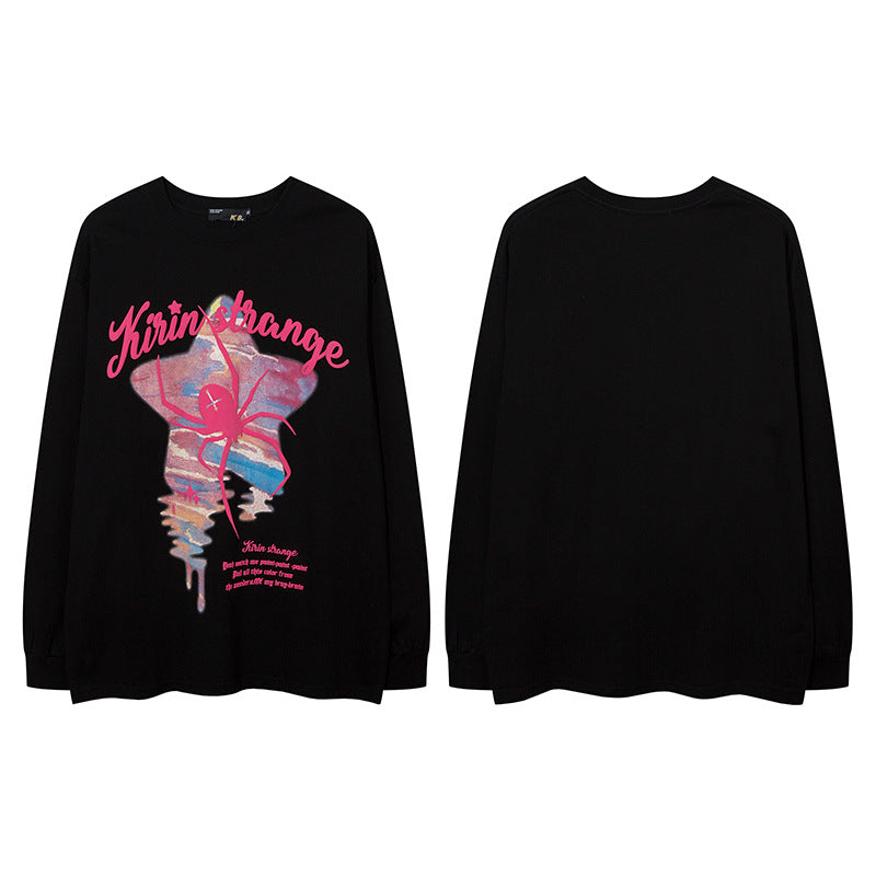 Vintage T Shirts Hip Hop Vintage Spider Foam Print Long Sleeve T-Shirt