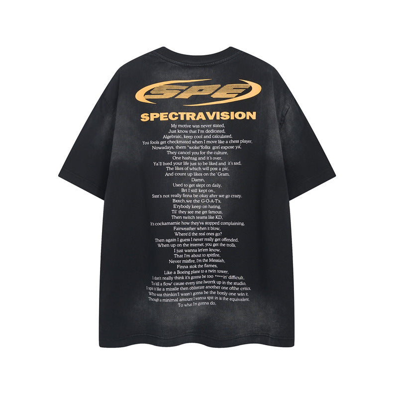 Y2K mens shirt washed tie-dye spray-painted letters hip-hop retro waste crew neck men's short-sleeved T