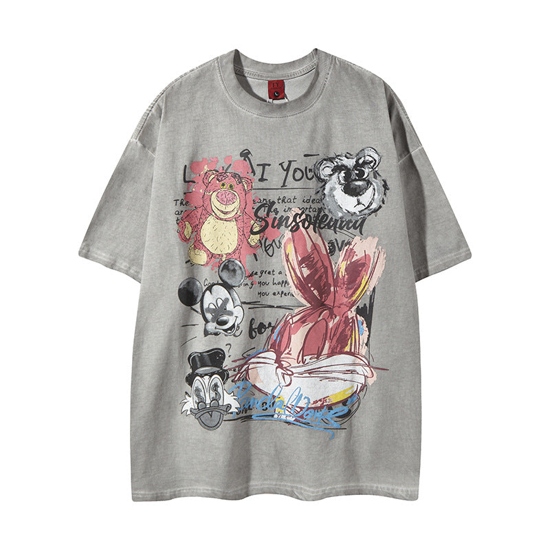 New York Hip Hop Style Cartoon Old Wash Short Sleeve T-Shirt