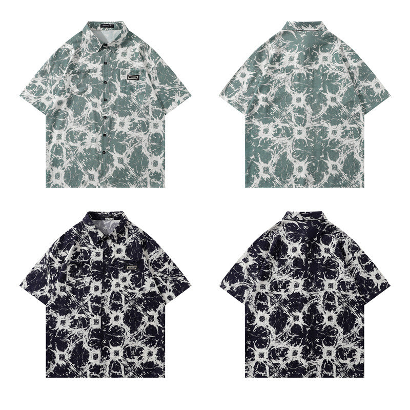 Y2K mens shirt retro loose casual short-sleeved tie men's shirt