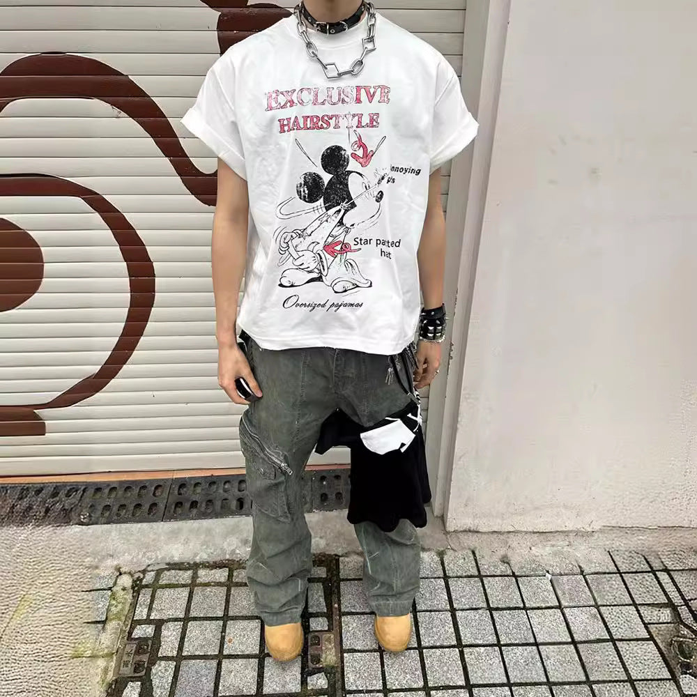 Streetwear Eua t shirt cartoon Mickey print old retro men and women couple short sleeve t-shirt
