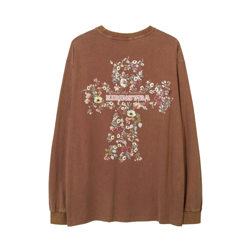 Vintage T Shirts Hip Hop Washing Water Old Cross Print Long Sleeve T-Shirt