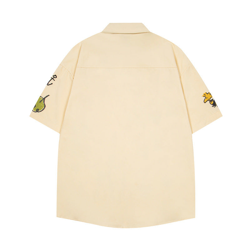 Y2K mens shirt vintage embroidered short-sleeved shirt
