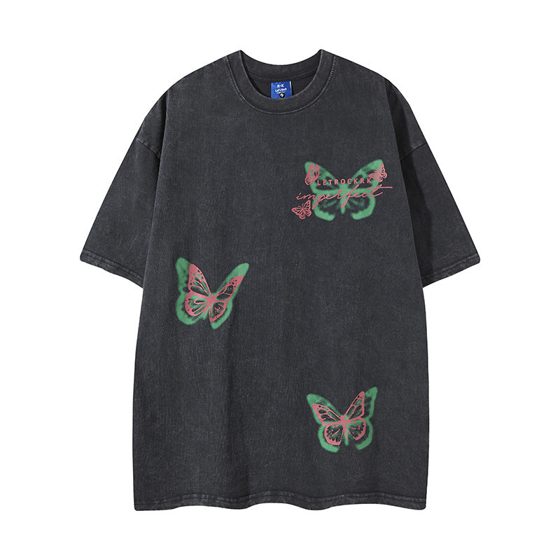 Camisas Retros Butterfly Print Short Sleeve Casual Loose Sports T-Shirt