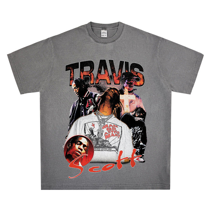 Streetwear masculino TRAVIS SCOTT character print short sleeve VINTAGE hip hop rap t-shirt