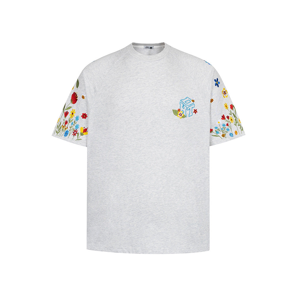 Hip Hop Clothes New York Vintage Floral Embroidery Crew Neck Short Sleeve T-Shirt