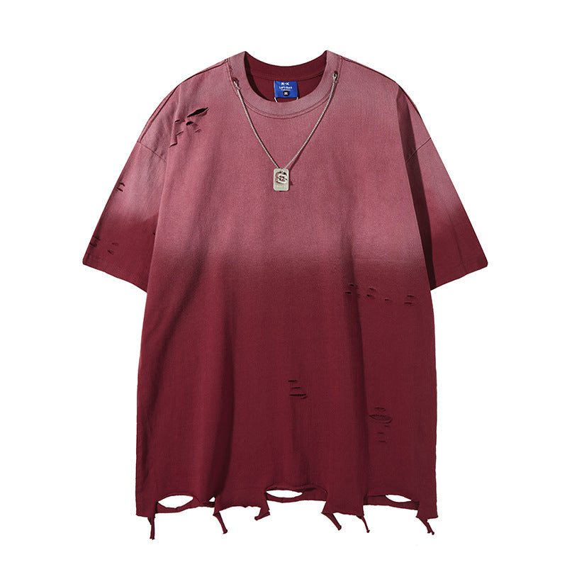 Retro Style Shirt For Men Summer Necklace tee Washed Short Sleeve T-Shirt