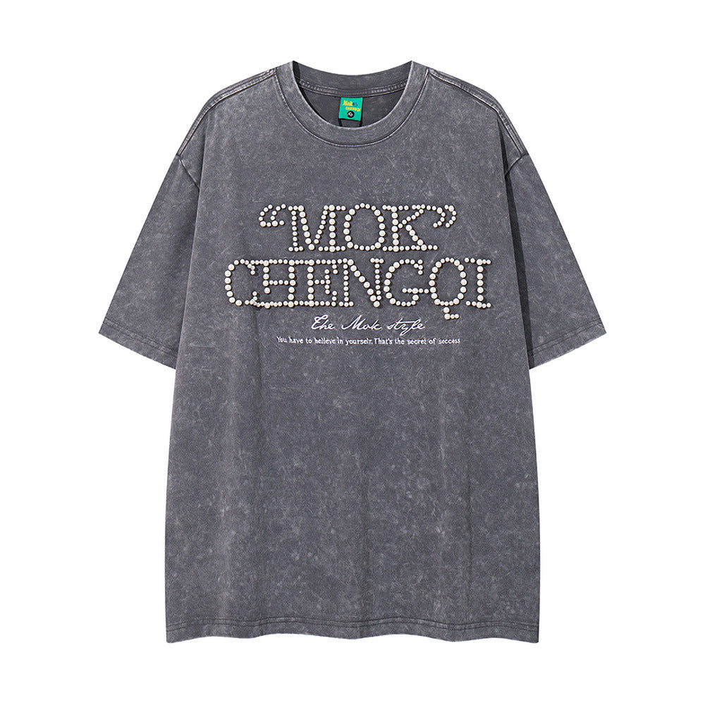 Nostalgia T Shirts Vintage Pearl Letter Short Sleeve T-Shirt Summer Crew Neck Top