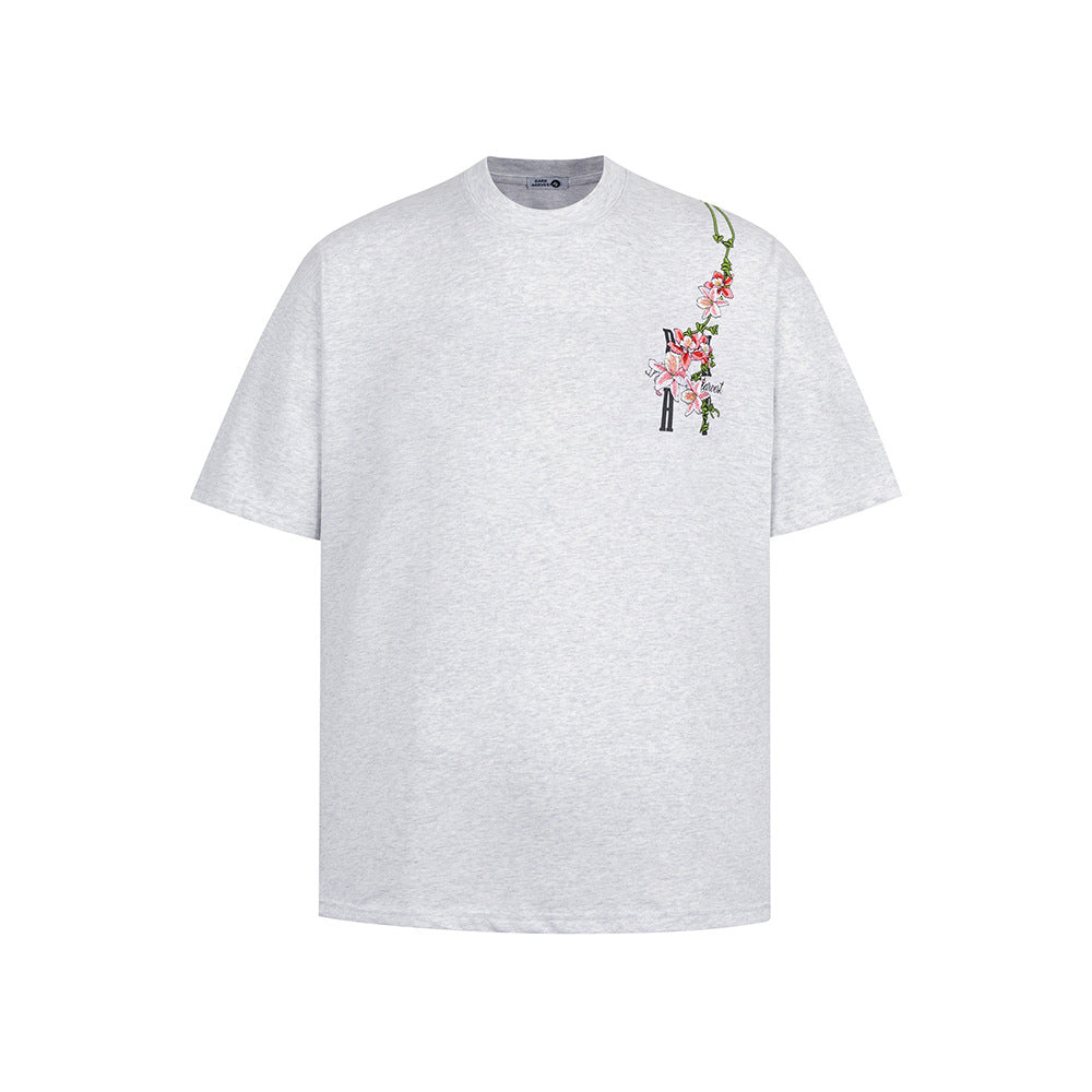 Hip Hop Clothes New York Vintage Floral Embroidery Short Sleeve T-Shirt